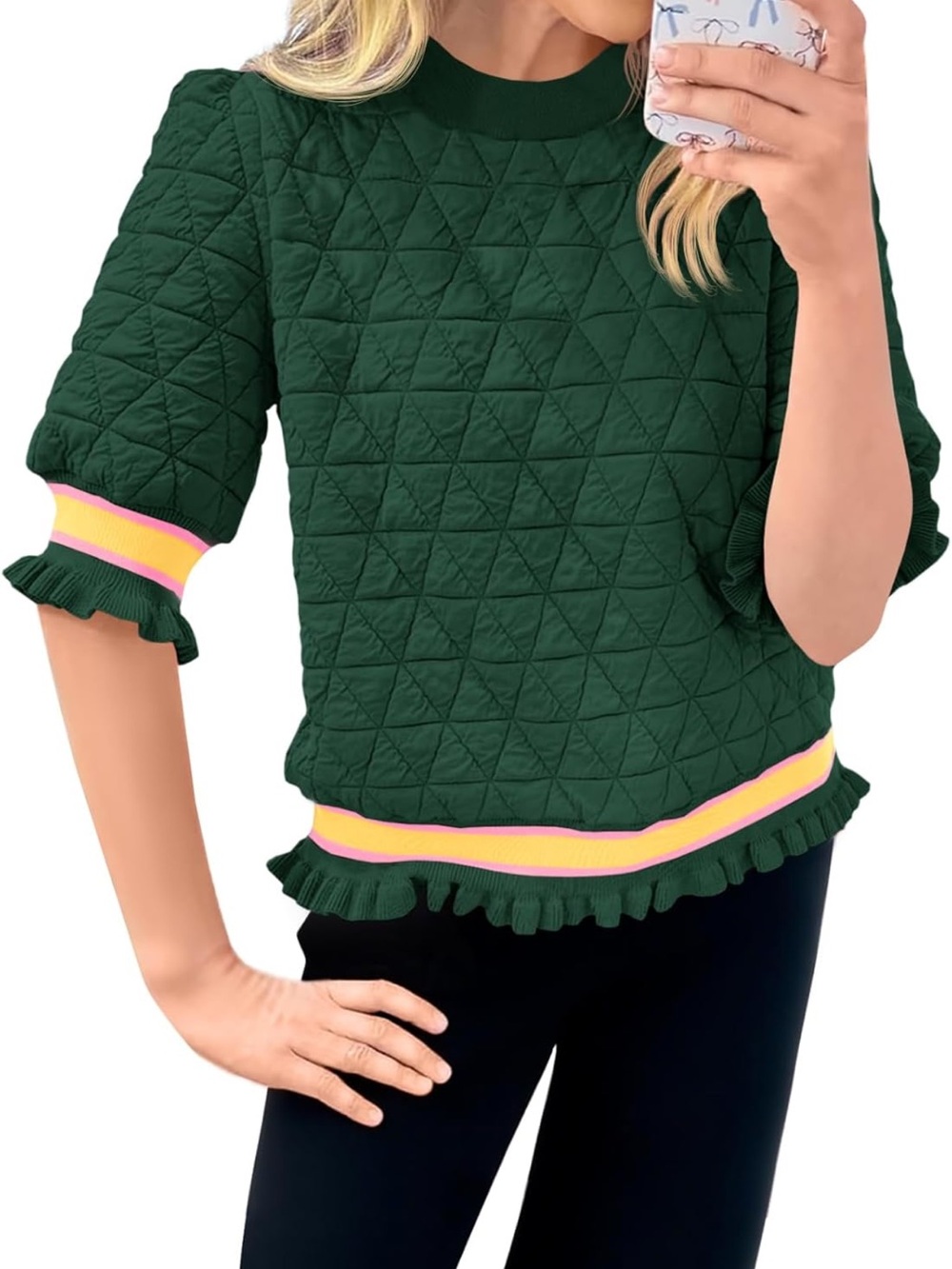 Forest Green Quilted Ruffle-Trim Pullover with Neon Stripe